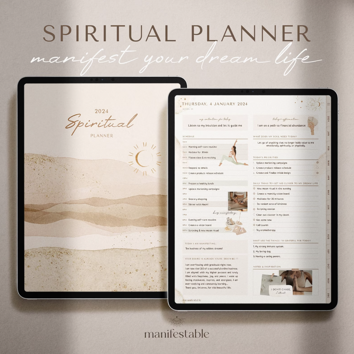 Overview of Manifestable’s 2024 Digital Spiritual Planner with 2 iPads showing the planner cover and daily planner 