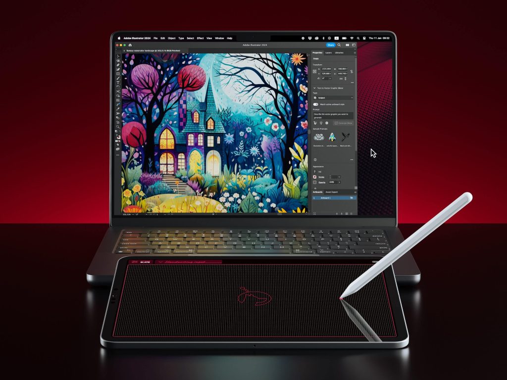 Laptop with fantasy drawing and an iPad with Astropad Slate app and Apple Pencil 