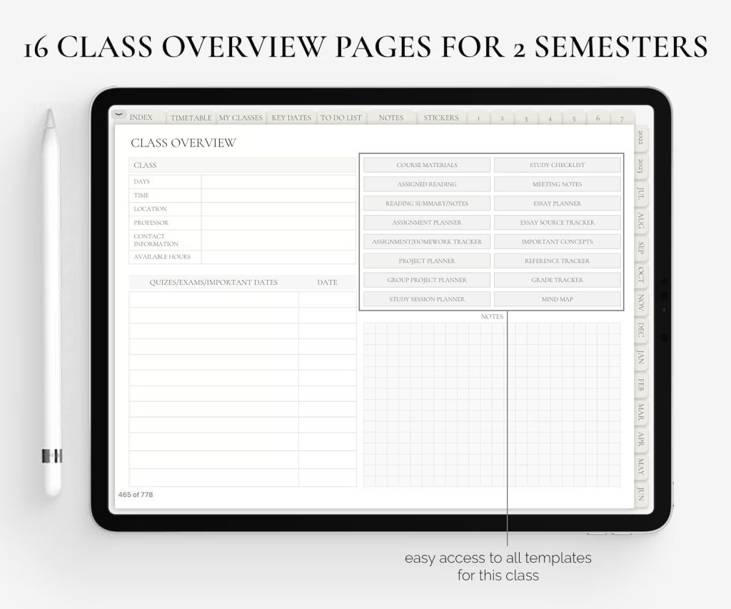 an ipad showing the class overview page from ThrivingPlanners’ Digital Student Planner