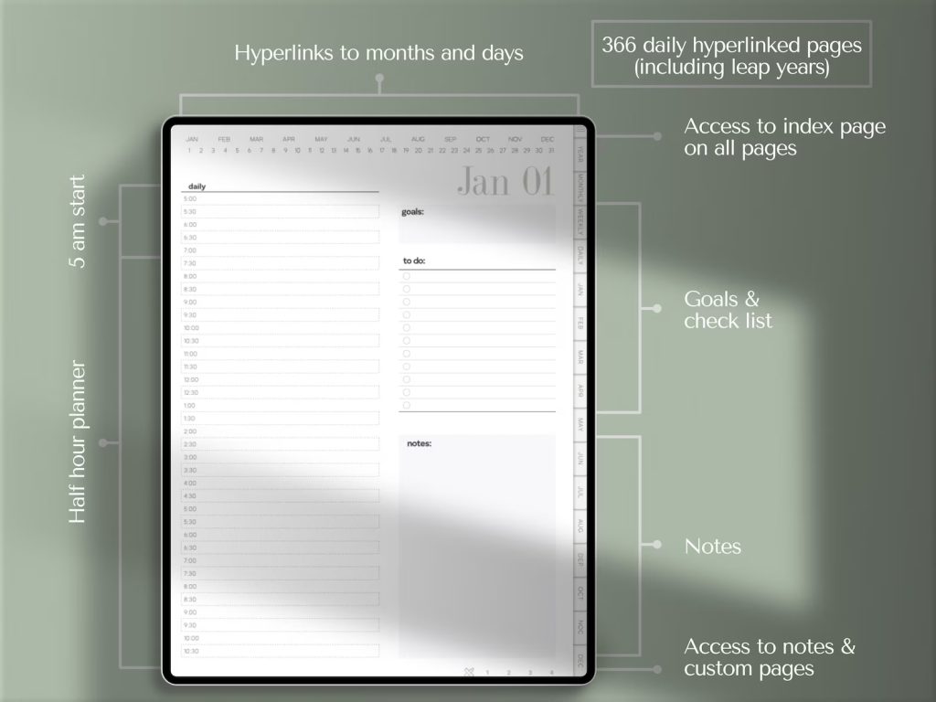 an iPad showing a detailed view of HerStoryDigital’s Simple Undated Digital Planner