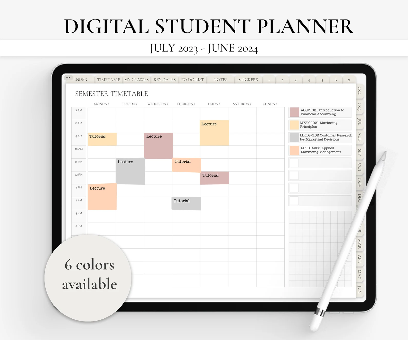 An iPad showing the semester timetable feature from ThrivingPlanners’ Digital Student Planner
