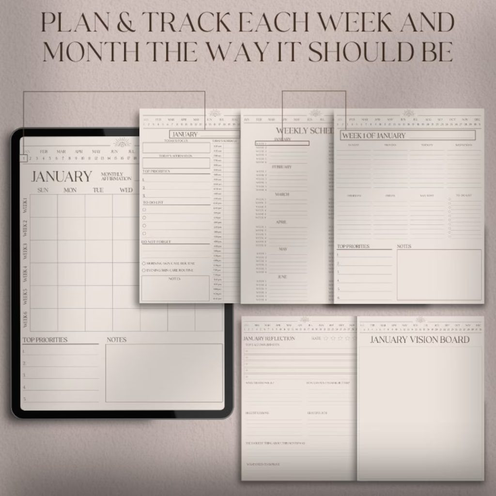 an iPad showing weekly and monthly views for PixelPerfectPlanner’s Shadow Work Mental Health Planner