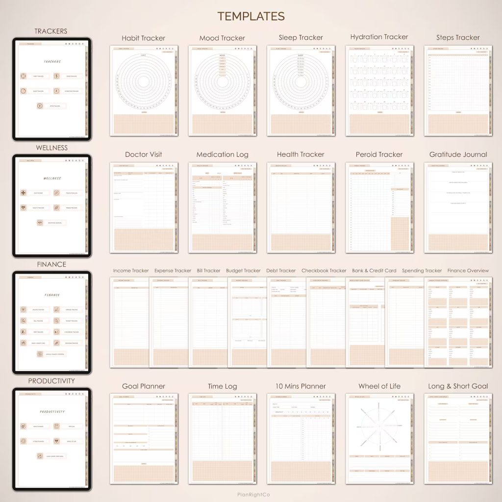 Screenshots of the different templates for wellness, finance, and productivity from PlanRightCo’s Undated Digital Planner for 2024/2025