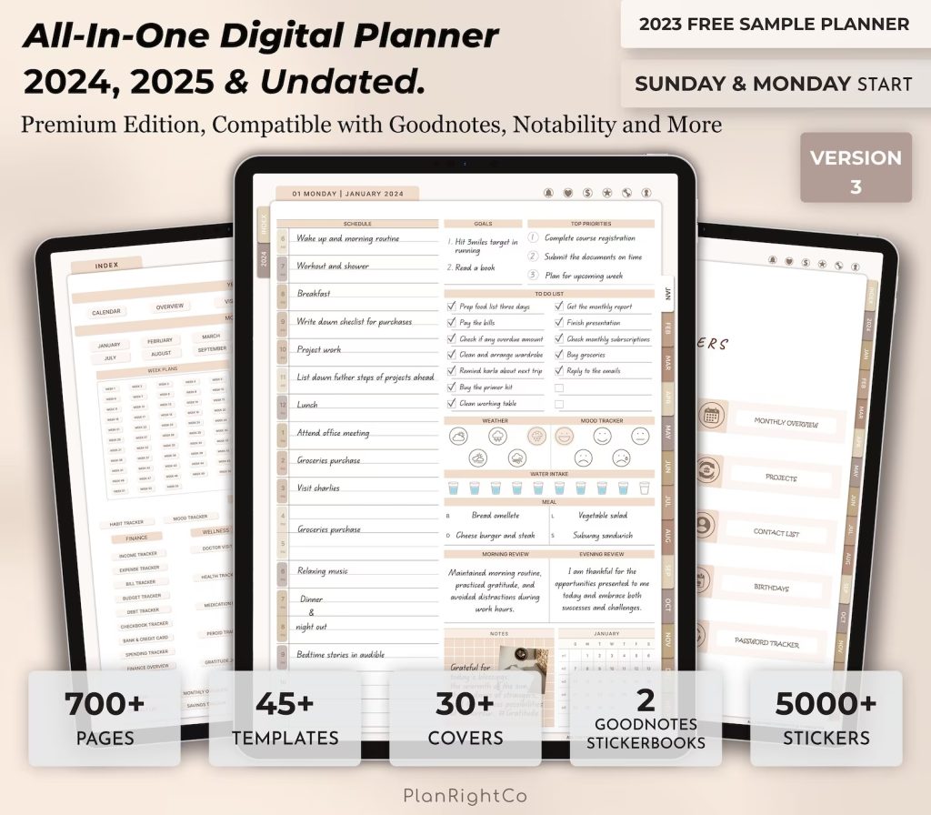 Overview of PlanRightCo’s Undated Digital Planner for 2024/2025 showing 3 iPads with the planner on the screen