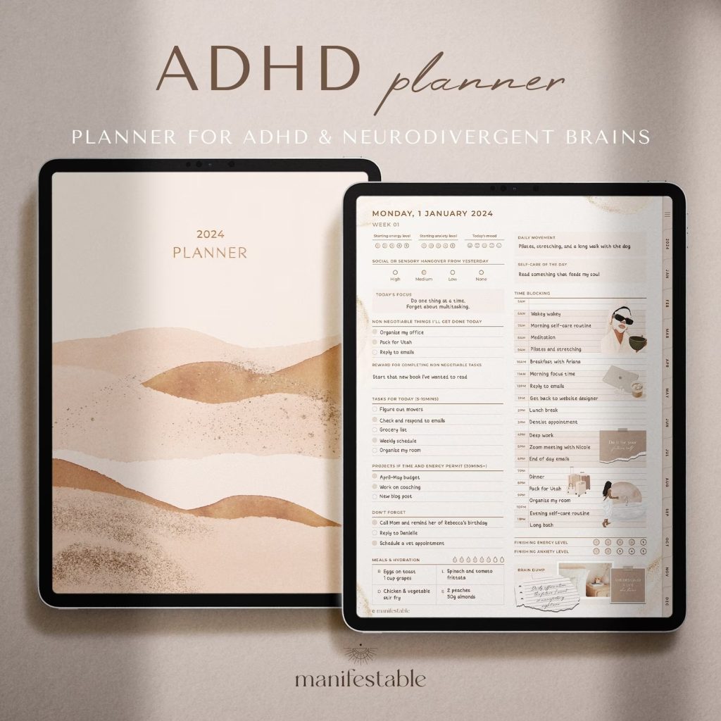 Overview of Manifestable’s 2024 ADHD Planner with 2 iPads showing the planner cover and the daily planner
