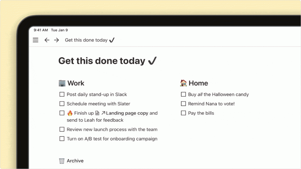 notion app on ipad showing to do list 