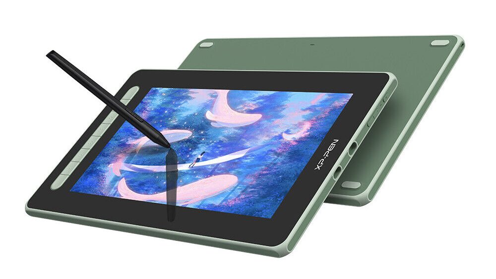 XP-Pen Artist 12 (Gen 2) tablet with a hovering stylus and art of whales on the screen