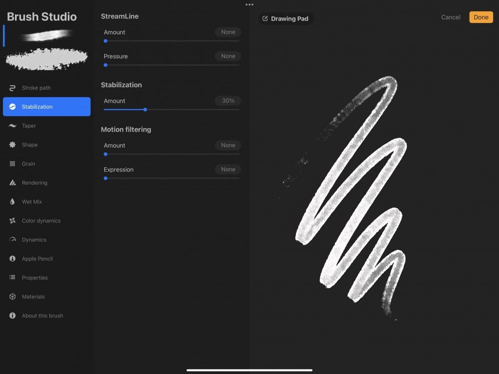 Screenshot of brush studio in procreate showing the Stabilization options 