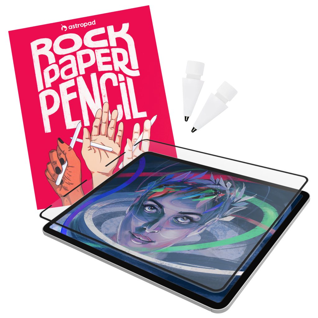 Rock Paper Pencil packaging with ballpoint pencil tips, and nanocling screen protector hovering over ipad 
