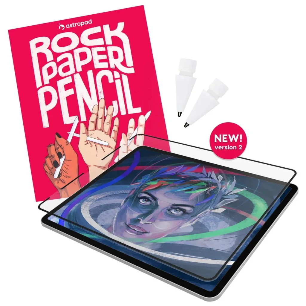 Rock Paper Pencil packaging with ballpoint pencil tips, and nanocling screen protector hovering over ipad 