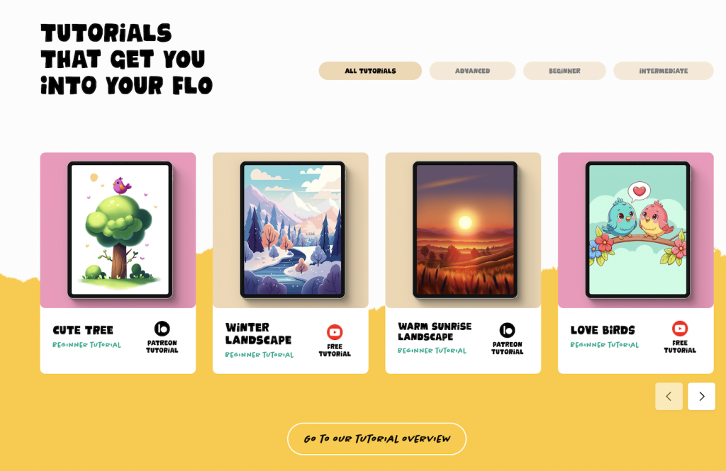Screenshot of art with flo website showing her different art tutorial options