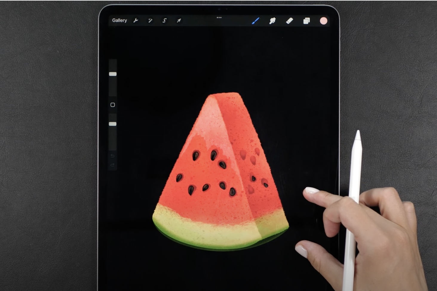 Drawing of a watermelon slice on an iPad in Procreate 