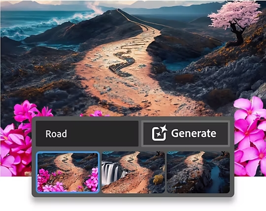 Screenshot of photoshop generative AI feature generating an image of a road on a mountain 