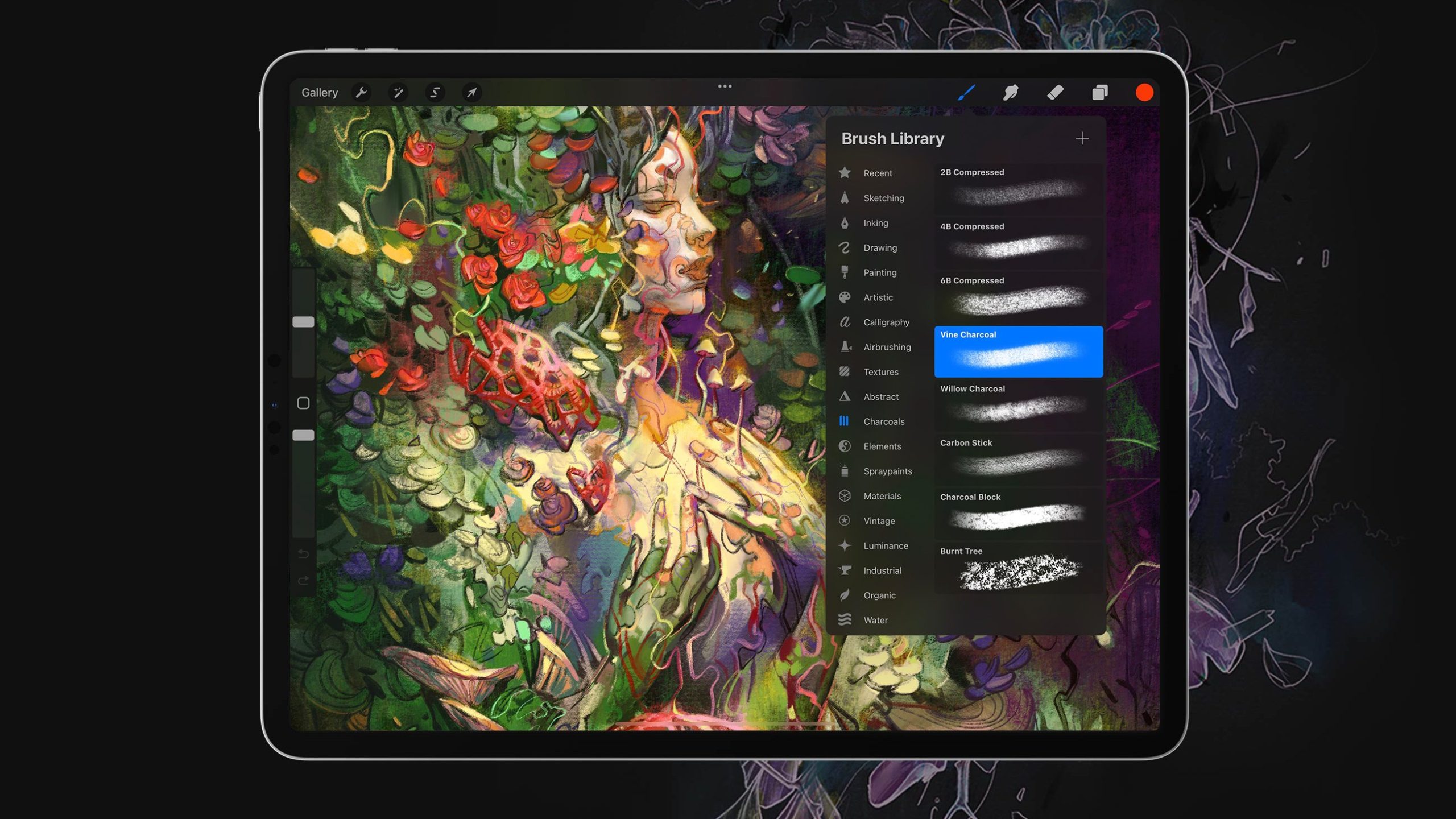 Drawing of a woman in procreate with the brush library panel open 