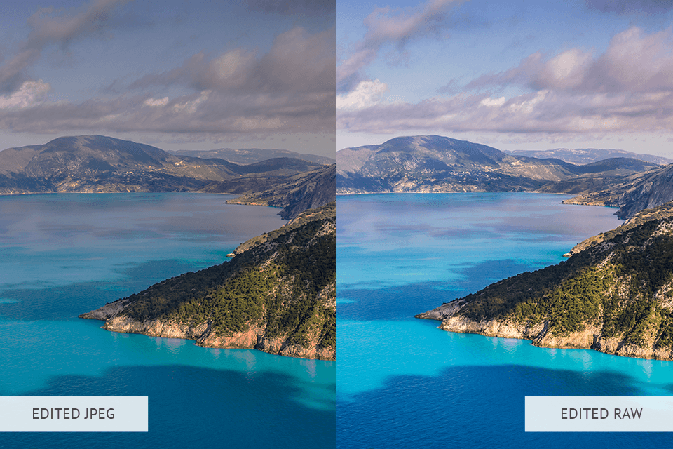 split screen image: on the left an image of the ocean and mountains as an edited jpeg and on the right the same image as an edited raw 
