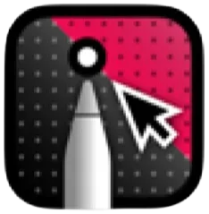 A stylized pen tip points upwards with a cursor arrow beside it, set against a black and red, dotted background divided diagonally.
