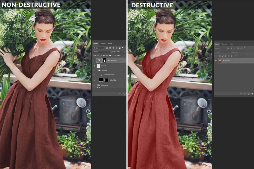 split screen image with a photo of the same woman on both sides, one side shows non destructive editing settings while the other shows destructive editing settings