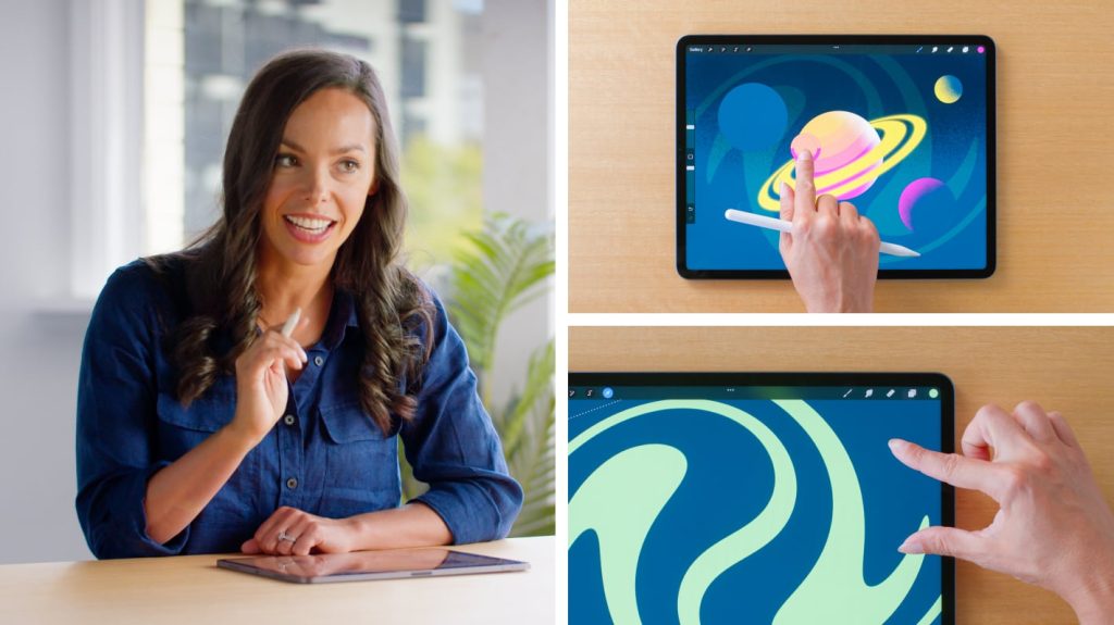 Collage of three images: one image showing a woman talking and 2 images of iPads with procreate on the screen.
