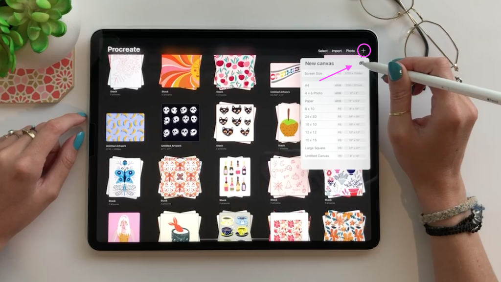 The Procreate gallery screen on an iPad with the "new canvas" button selected 