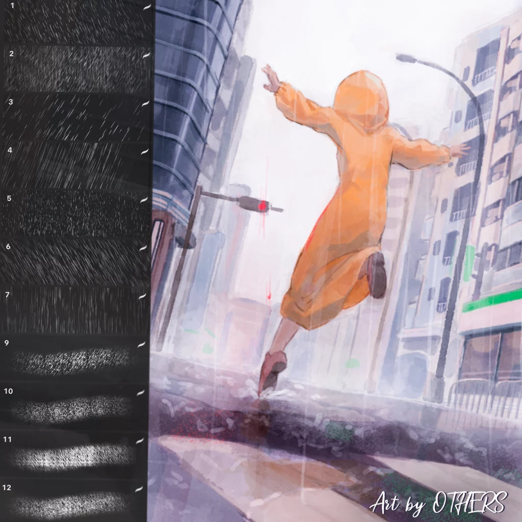 an illustration of a girl jumping through rain puddles with screenshots of the rain brushes on the left