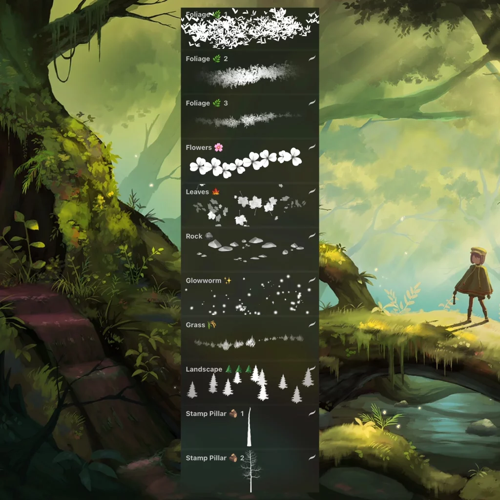 an illustration of a girl in the woods with screenshots of the nature brushes in the center