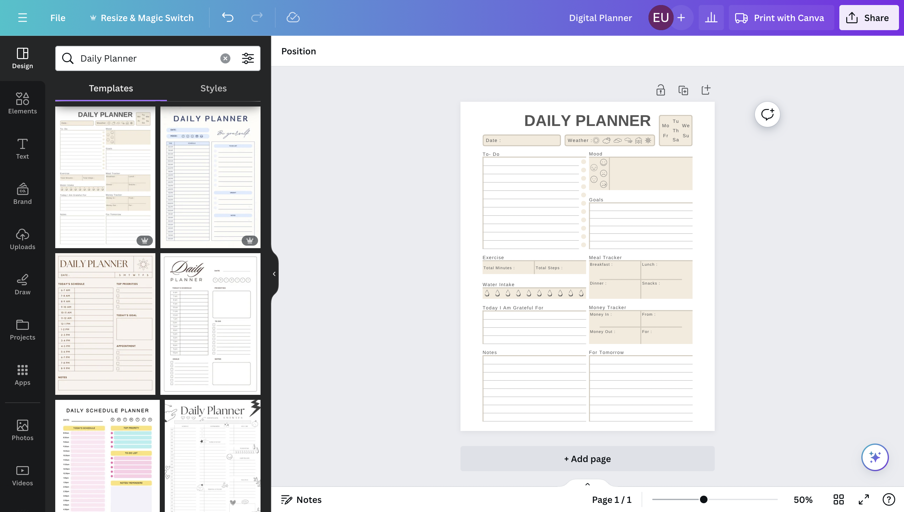 Screenshot of Canva with a daily planner and template options on the side. 
