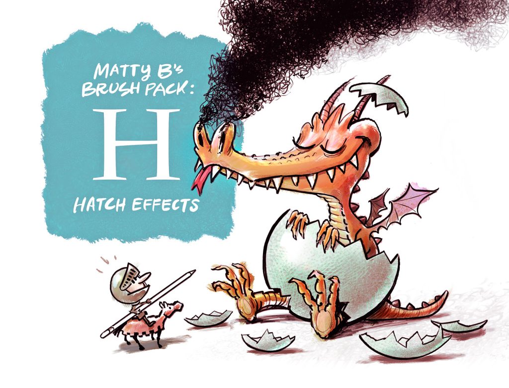 an illustration of dragon hatching from an egg with the title "Matty B's Brush Pack: Hatch Effects" 