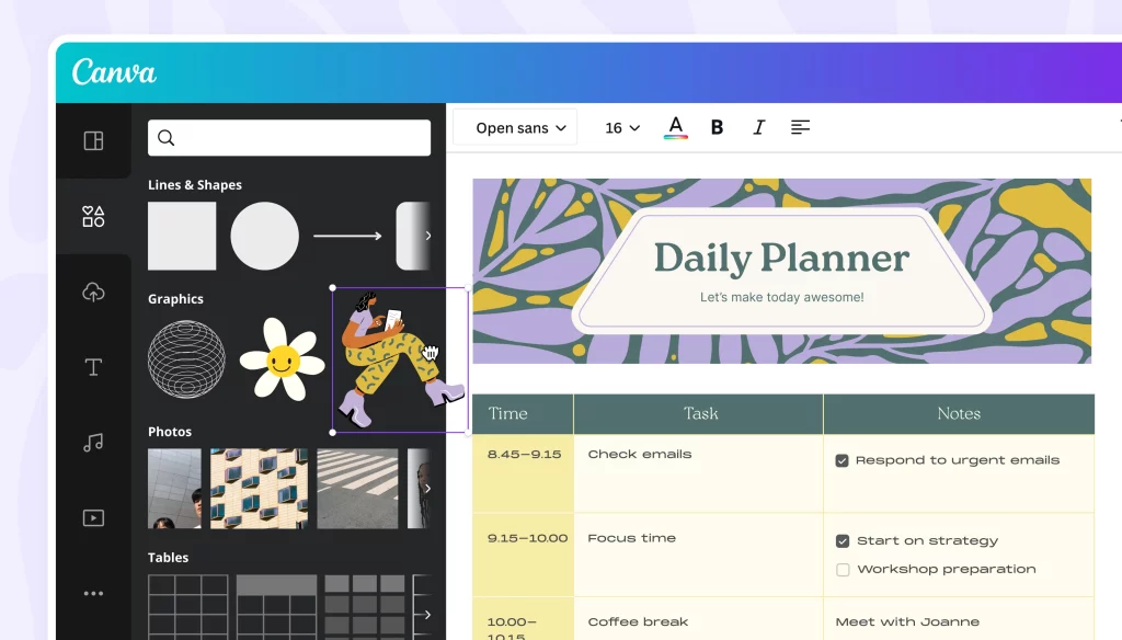 Screenshot of Canva editor with a daily planner and the toolbar on the side.