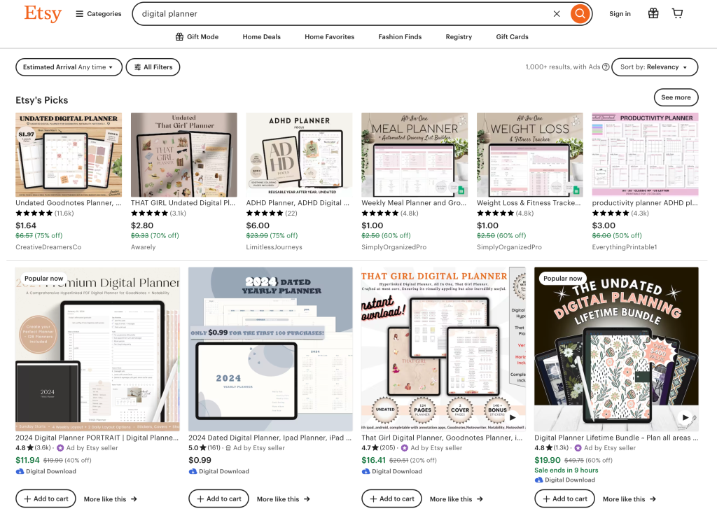 Screenshot of digital planners on Etsy. 