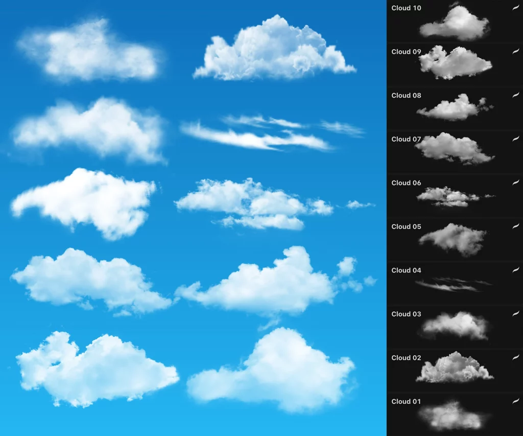 illustration of clouds in the sky with screenshots of the cloud brushes on the right 