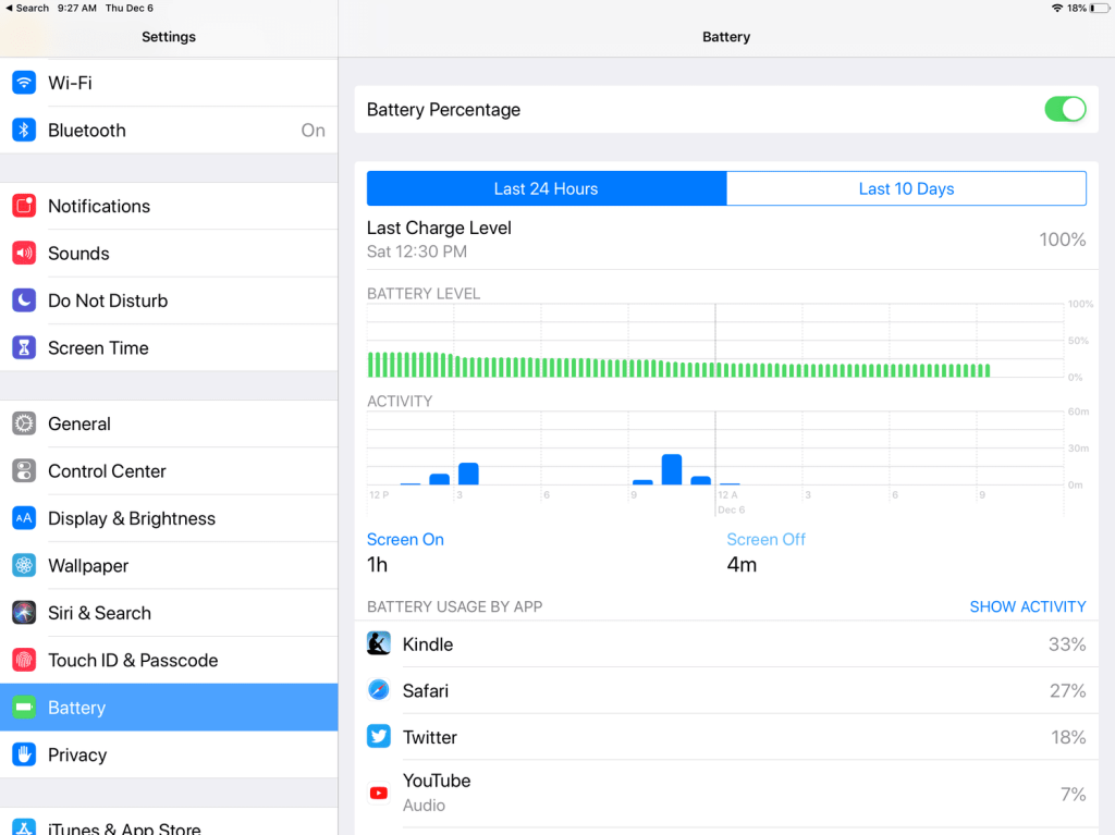 screenshot of battery settings on ipad 