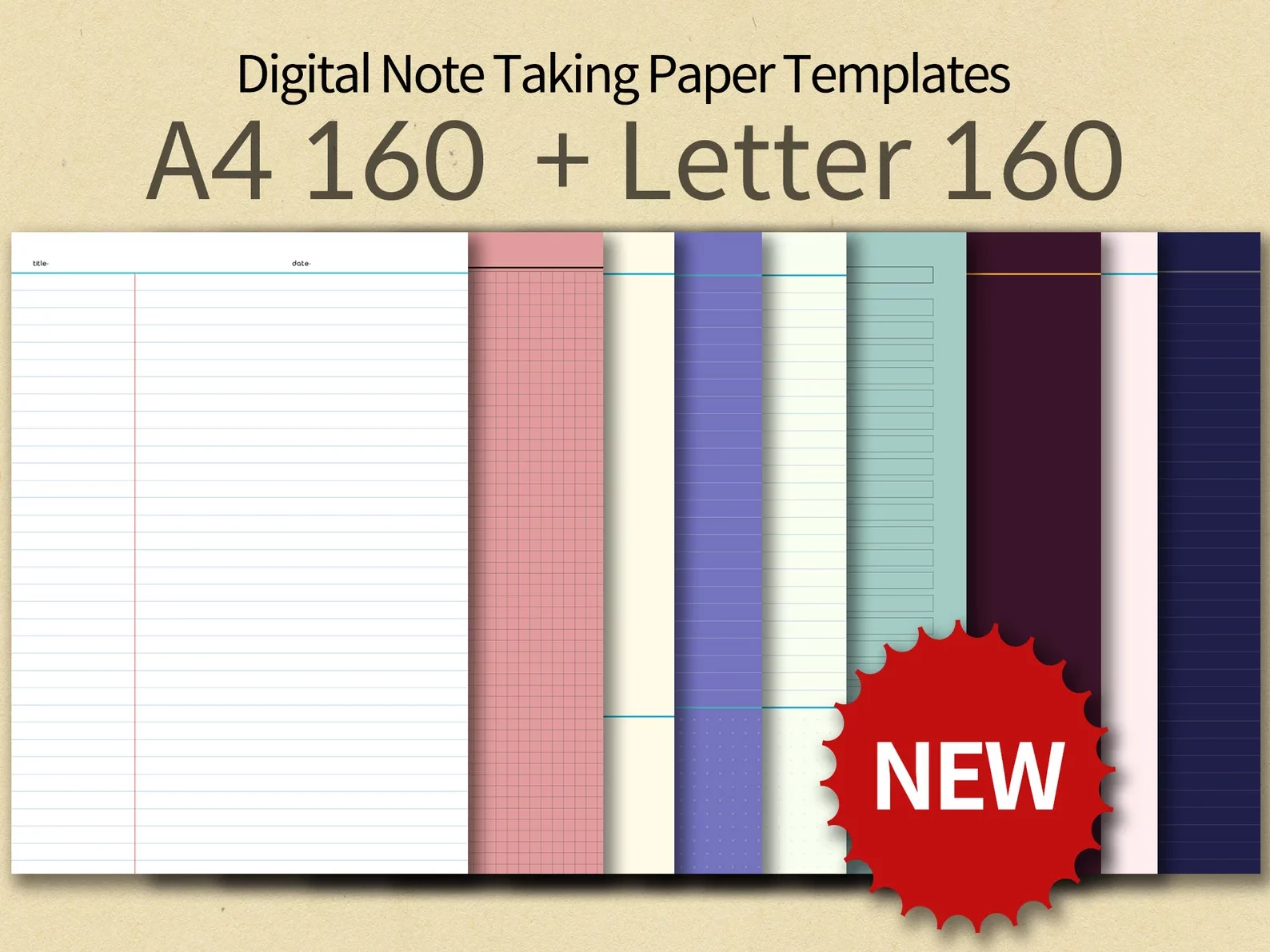 9 notetaking templates of different colors stacked next to eachother 