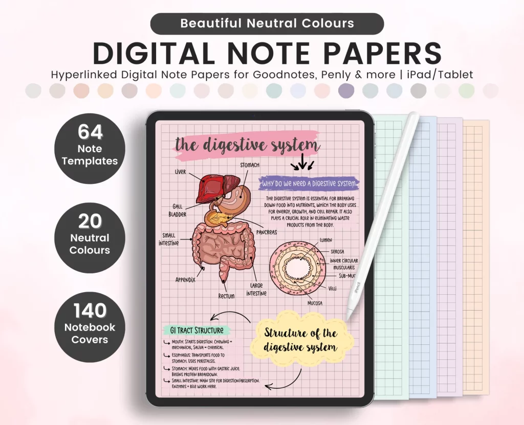 screenshot of notetaking template on ipad with notes about the digestive system