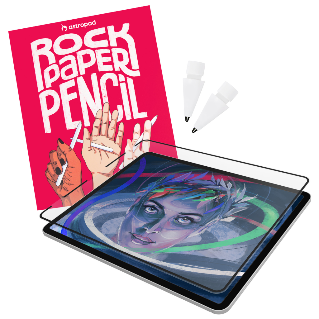 Rock Paper Pencil packaging with iPad, matte screen protector, and ballpoint pencil tips 