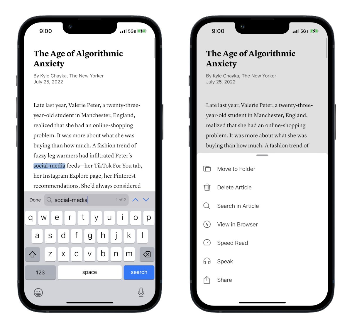 mockup of 2 iphones with the instapaper app showing an article 