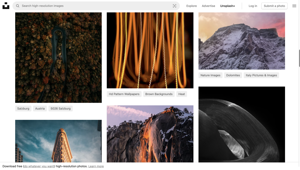 screenshot of Unsplash search page. Showing 6 images of different landscapes. 