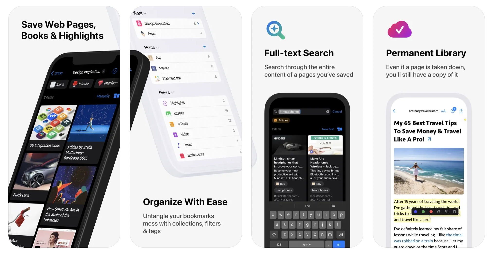 screenshot of Raindrop app store images showing phones with saved articles