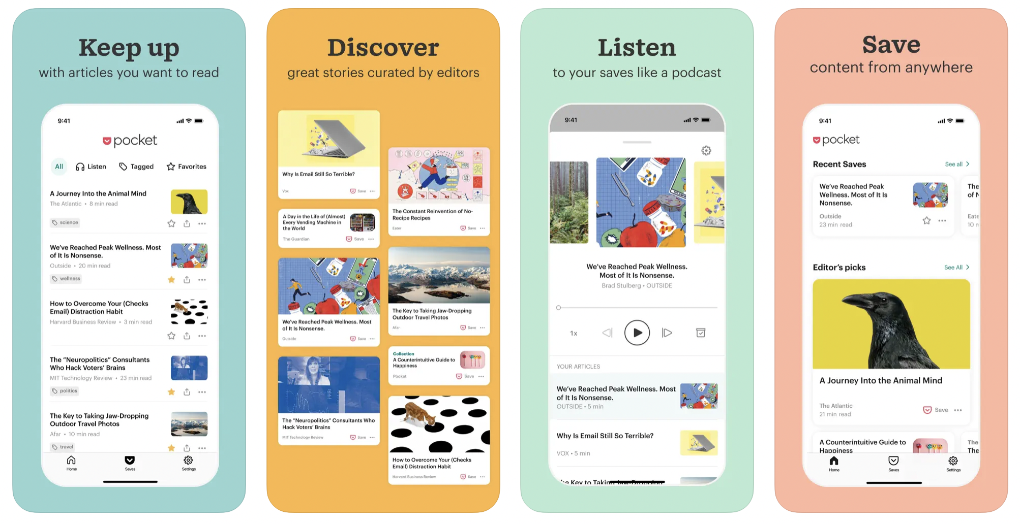 screenshot of the Pocket app store images with the titles "keep up, "discover", "listen", and "save" showing different app features 