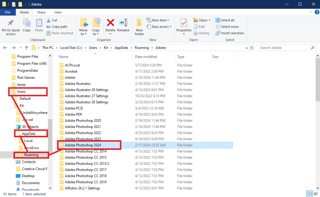 Example of the location of the Photoshop Preferences folder on Windows