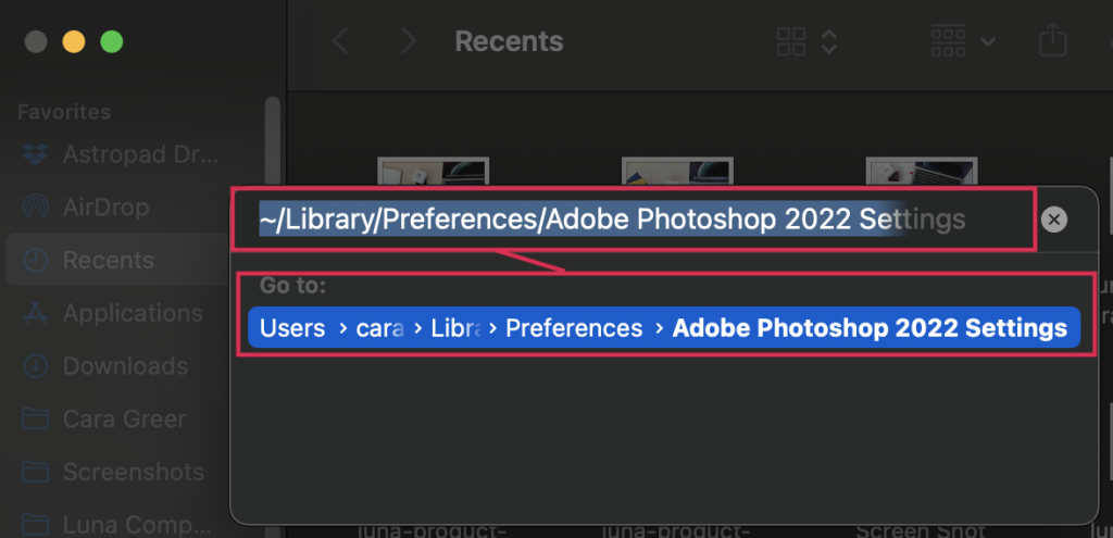 Example of the location of the Photoshop Preferences folder on Mac
