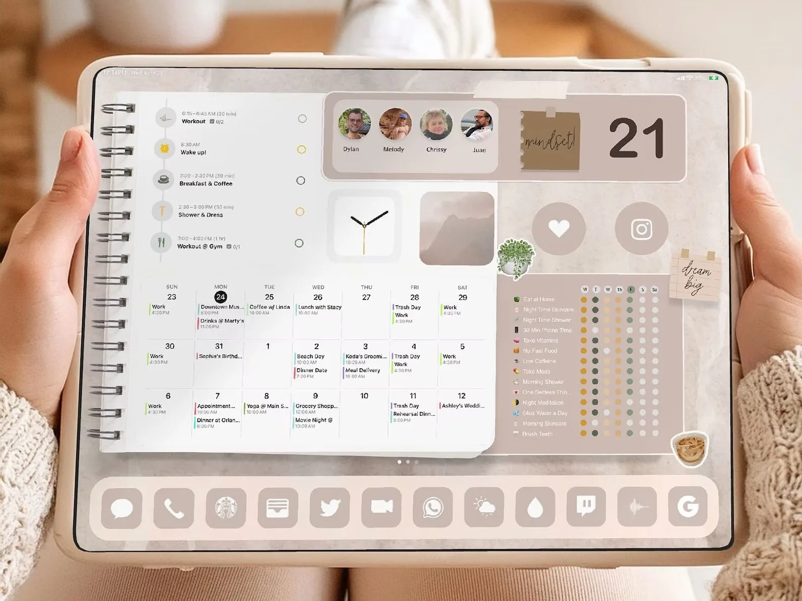 iPad resting on person's legs with Neutral Theme Pack on homescreen