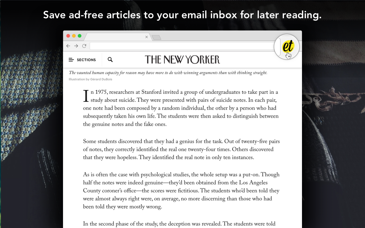 Screenshot of a New Yorker article with the "emailthis" chrome extension highlighted. 