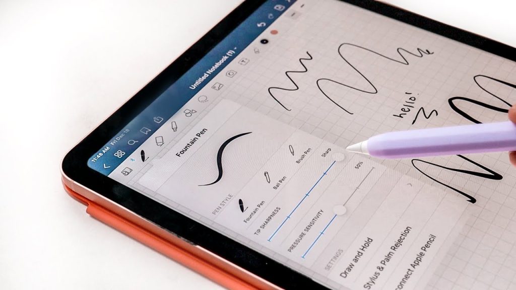 Apple Pencil hovering over iPad with pen setting selected. Adjusting sharpness of fountain pen. 