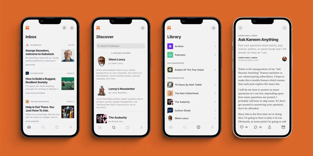 Four screenshots of Substack app pages.