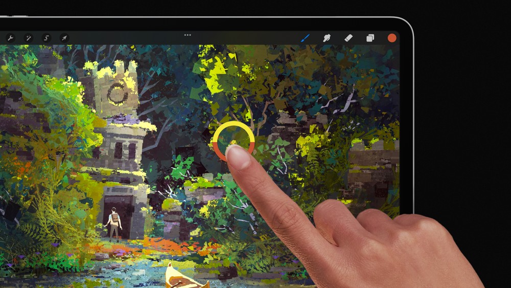 a finger hovering over an iPad screen with procreate to show gestures. 