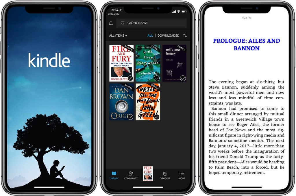 3 screenshots of kindle app pages. Title screen, library page, and book page. 