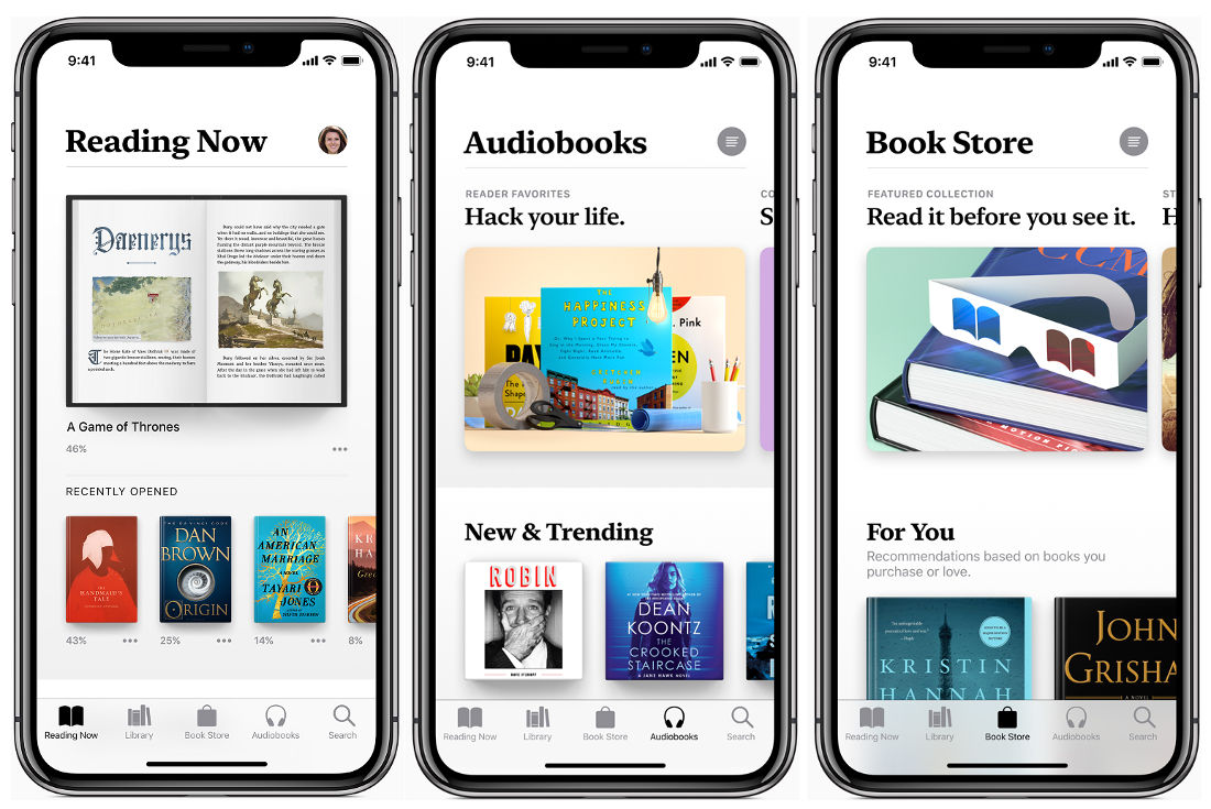 3 screenshots of apple books pages. Reading now, audiobooks, and bookstore. 