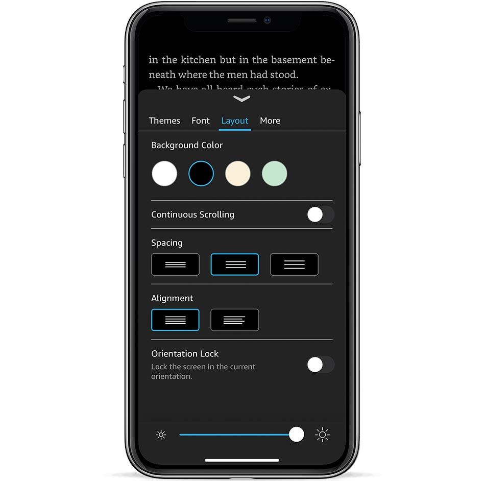 screenshot of kindle app customization setting options. shows options for background color, continuous scrolling, spacing, andalignment