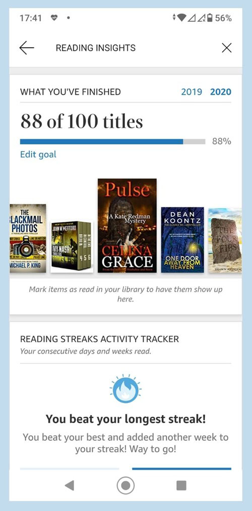 screenshot of kindle app reading tracker. shows reading goal progress and reading streak. 