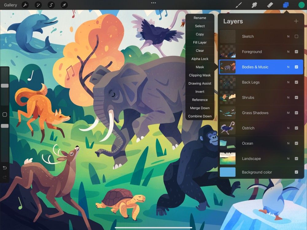 screenshot of procreate user interface with a wildlife drawing and the layers menu open. 